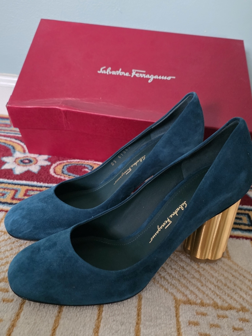 Salvatore Ferragamo Teal Suede Pumps with Sculpted Gold Heel